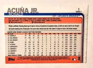 2019 Topps Baseball Card; Ronald Acuna Jr., Card # 1 Gold Cup Rookie Card; MINT, Pack Fresh!
