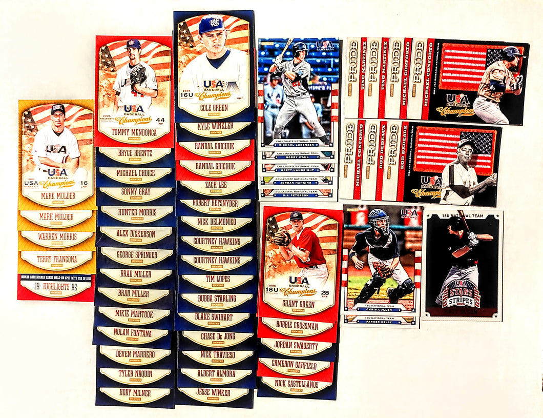 2012 - 2015 Assorted Years; Panini Baseball Cards; USA Baseball Champions, Stars & Stripes, & Pride; 56 Card Lot; Nice Mix of 15U, 16U, 18U, Collegiate, & USA National Team Sub-Set Cards