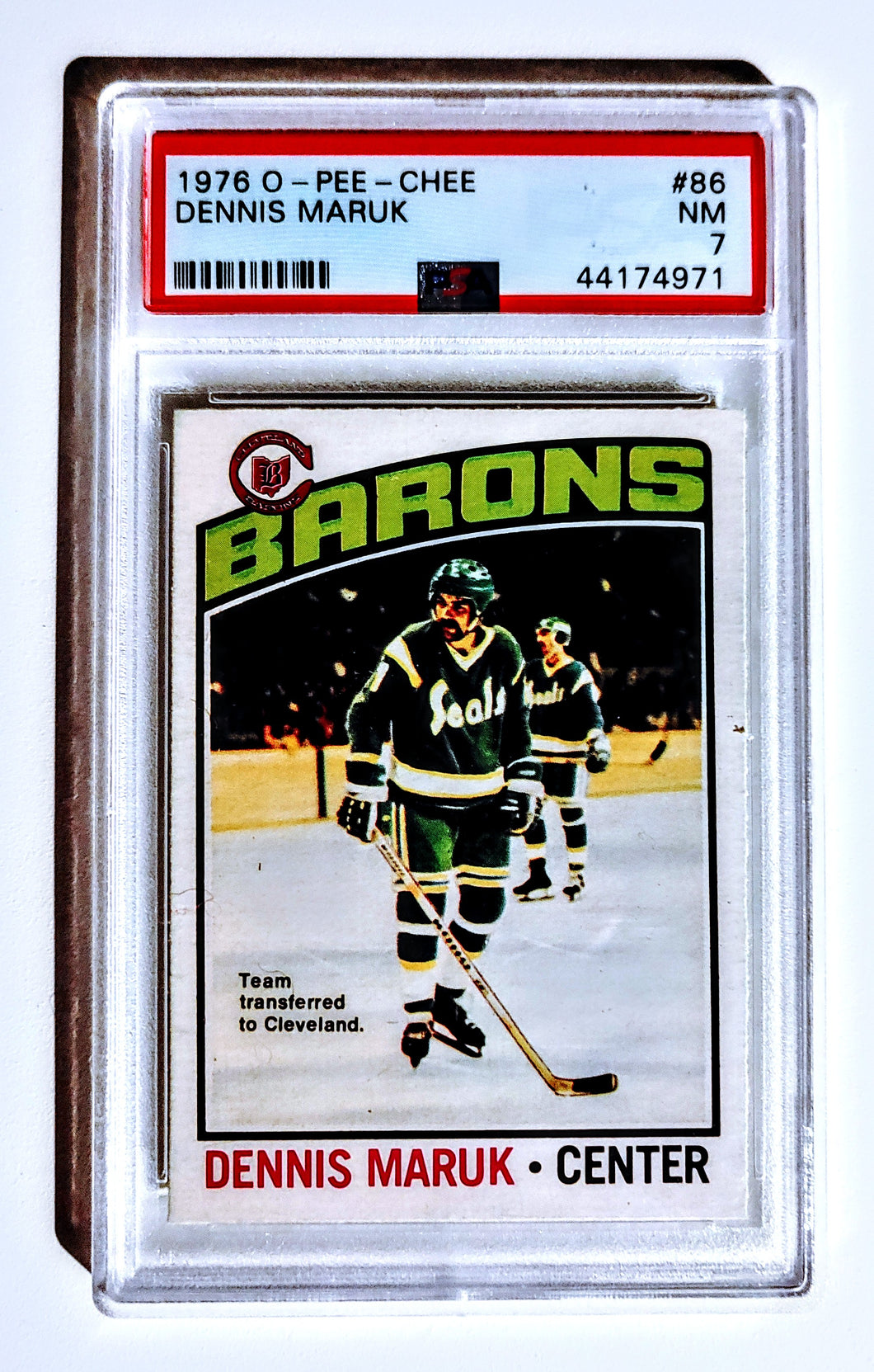 1976 O-Pee-Chee NHL Hockey Card; Dennis Maruk, Cleveland Barons, Card # 86; Near Mint (NM), Graded PSA 7