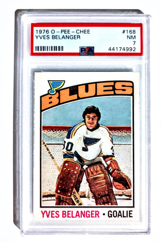 1976 O-Pee-Chee NHL Hockey Card; Yves Belanger, St. Louis Blues, Card # 168; Near Mint (NM), Graded PSA 7