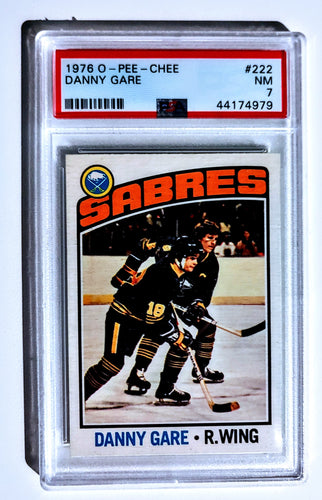 1976 O-Pee-Chee NHL Hockey Card; Danny Gare, Buffalo Sabres, Card # 222; Near Mint (NM), Graded PSA 7