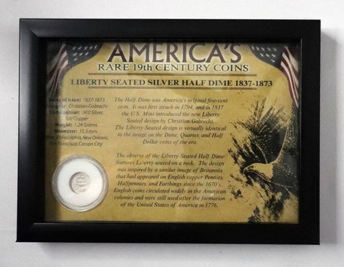 Coin US 5c Display - America's RARE 19th Century Coins - Liberty Seated SILVER Half Dime - Coin + Coin Capsule + Info Card - Framed  Info Card
