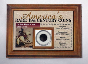 Coin US 1c Display - America's RARE 19th Century Coins - Indian Head Penny - Coin + Coin Capsule + Info Card - Framed  Info Card