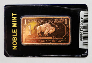 Bullion Bar - .999 Copper - 1 Troy Oz. - Noble Mint - Buffalo Design  - MINT Condition