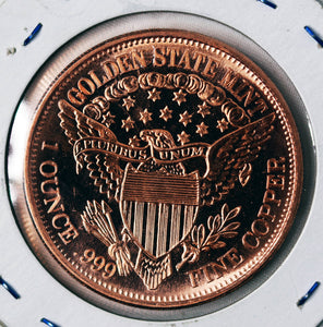 Bullion Round - Copper - 1 Oz. - Golden State Mint - Obverse Walking Liberty Design - Reverse Eagle Design - MINT