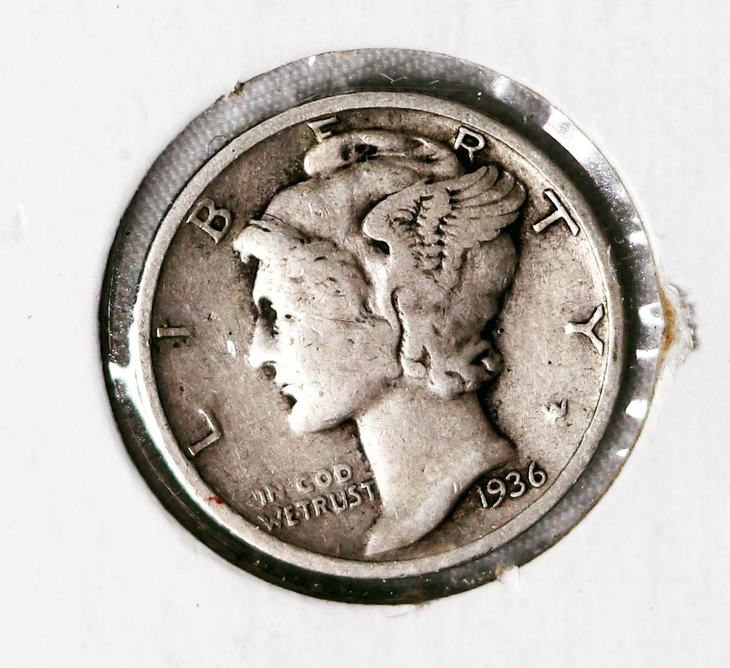 Coin US 10c - 1936 P Mercury Dime - VERY GOOD+ (VG+) - .900 Silver Content - Circulated