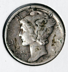 Coin US 10c - 1937 P Mercury Dime - GOOD (G) - .900 Silver Content - Circulated