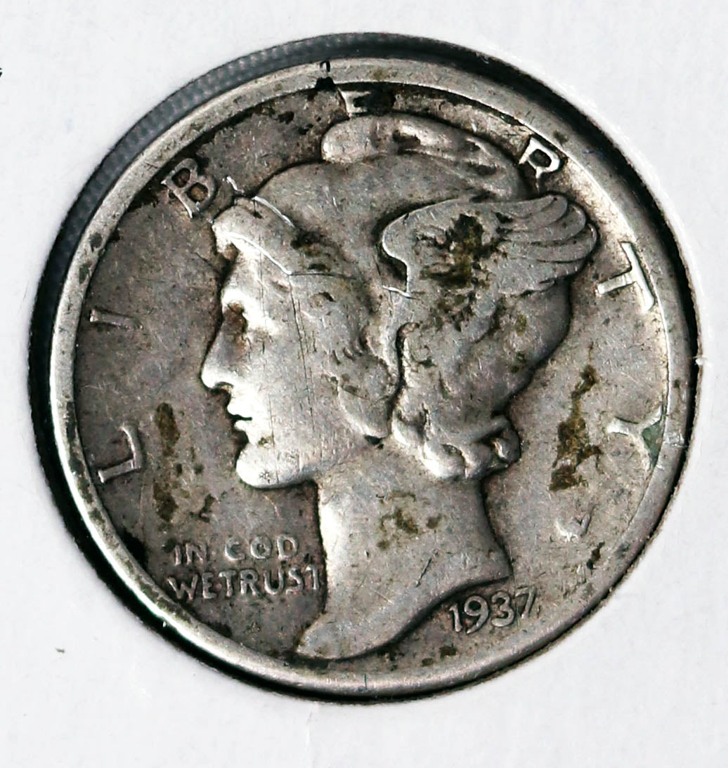 Coin US 10c - 1937 P Mercury Dime - GOOD (G) - .900 Silver Content - Circulated