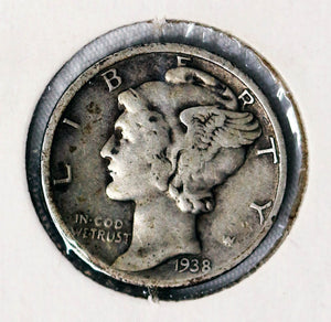Coin US 10c - 1938 P Mercury Dime - VERY GOOD (VG)  - .900 Silver Content - Circulated