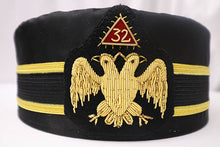 Load image into Gallery viewer, Secret Society Memorabilia - Authentic Ceremonial Hat - 32nd Degree Scottish Rite Freemason Cap - Double Eagle Wings Down - Bullion Hand Embroidery - W/ Gold Printed Masonic Symbol Storage / Travel Case