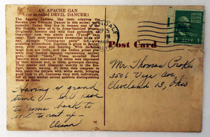 Ephemera Postcard VINTAGE - HAND PAINTED Postcard On Cowhide - Full Color - Native American - Apache Gan - "Devil Dancer" -  US History
