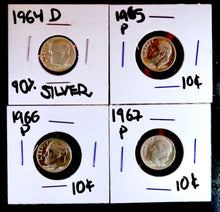 Load image into Gallery viewer, Coin US 10c - 1964-1967 Lot Of 4 Roosevelt Dimes AU / BU D P 90% Silver (1964)
