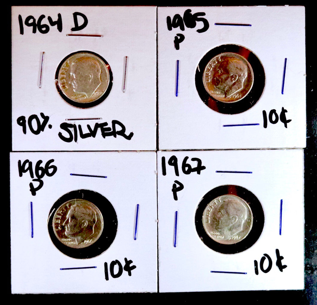 Coin US 10c - 1964-1967 Lot Of 4 Roosevelt Dimes AU / BU D P 90% Silver (1964)