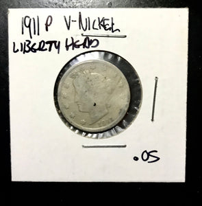 Coin US 5c - 1911 Philadelphia Mint “P” V-Nickel - GOOD - RARE!!
